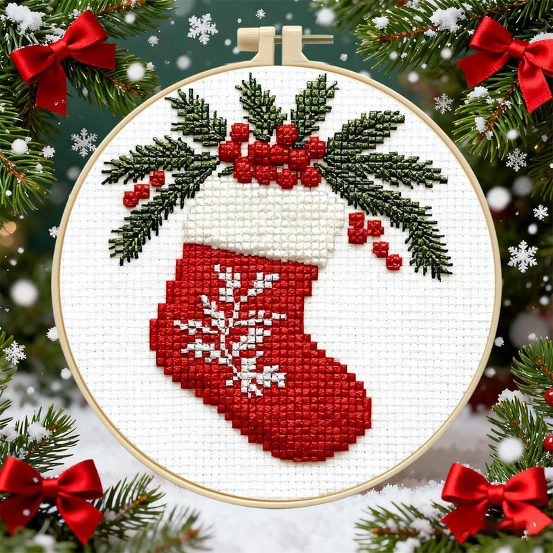 Zhenqing 11 Count Stamped Cross Stitch Kits for Adults Beginners, Hand Embroidery Christmas Ornaments kit with Instructions Embroidery Hoops,Christmas Stocking-Four-Piece Set(68446) - Image 5
